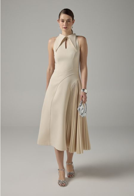 Pointed Collar Pleated Maxi Dress
