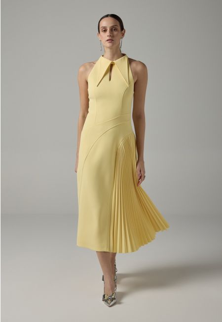Pointed Collar Pleated Maxi Dress