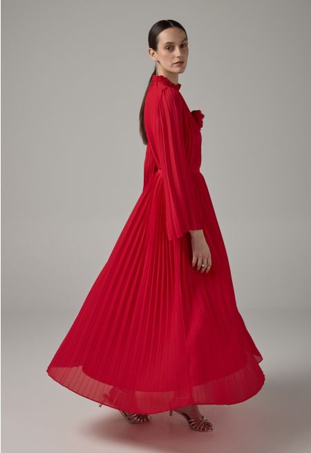 Pleated 3D Flower Brooch Maxi Dress