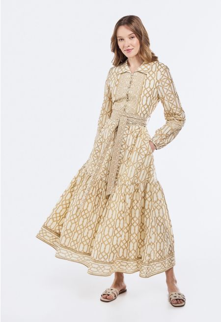 Printed Belted Flared Dress