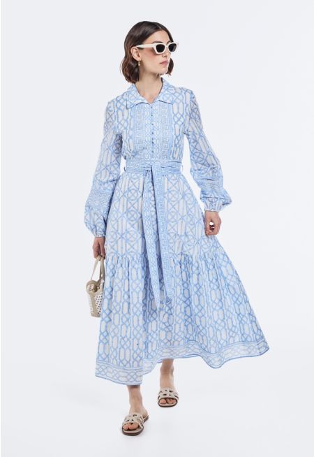 Printed Belted Flared Dress
