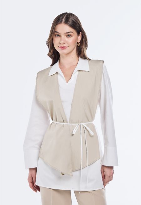 Contrast Overlay Tie Belt Blouse