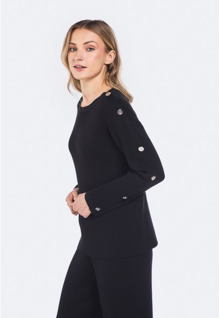 Button Embellished Ribbed Sweater