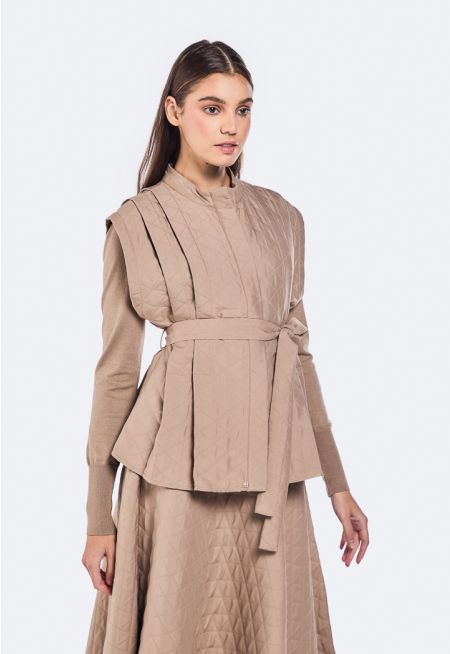 Quilted Belted Pleated Detail Gilet
