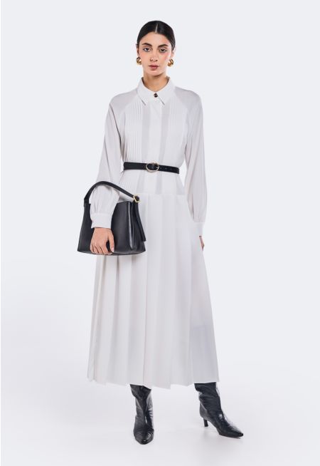 Solid Pleated Belted Dress