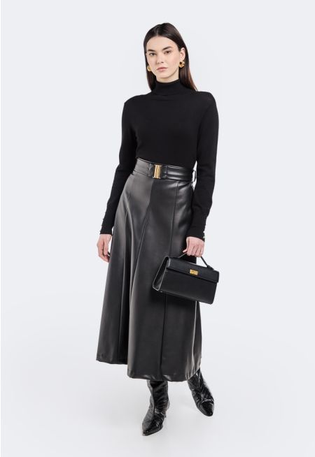 PU Leather Belted Skirt