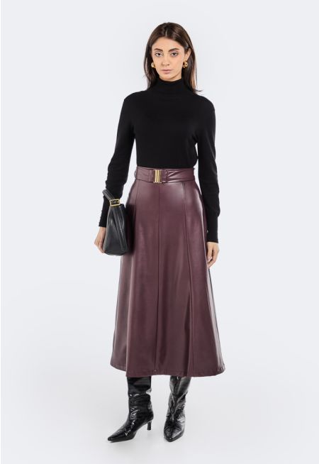 PU Leather Belted Skirt