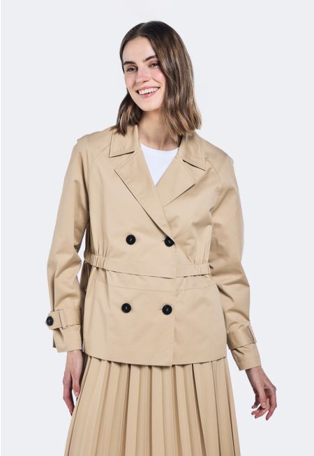 Elastic Waist Double Breasted Trench Coat