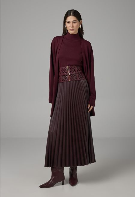 Pleated PU Leather Solid Skirt