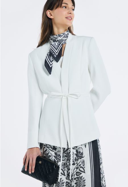 Solid Textured Tie Waist Blazer