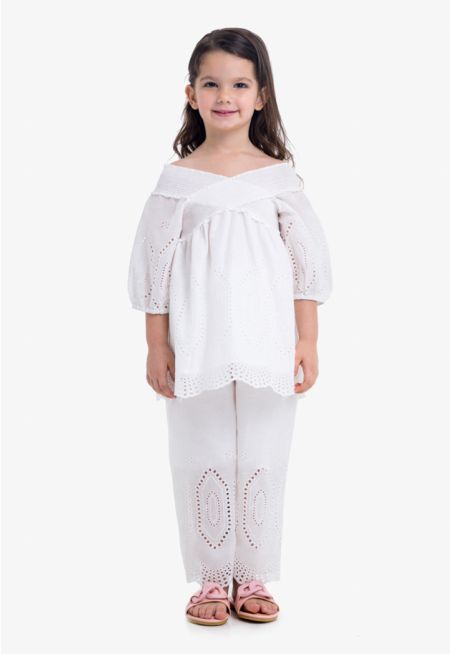 Smocked Schiffli Blouse & Pant Set