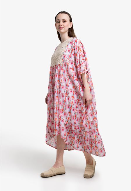 Continuous Slit Sleeves Yoke Lace Dress