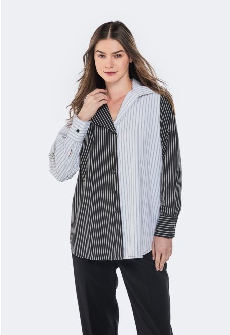 Asymmetrical Collar Striped Shirt