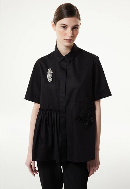 Machka- Asymmetric Flounce Embroide Shirt 