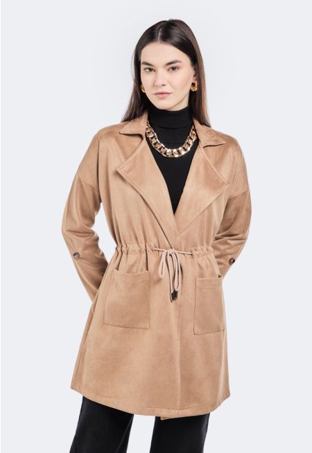 Drawstring Waist Suede Jacket