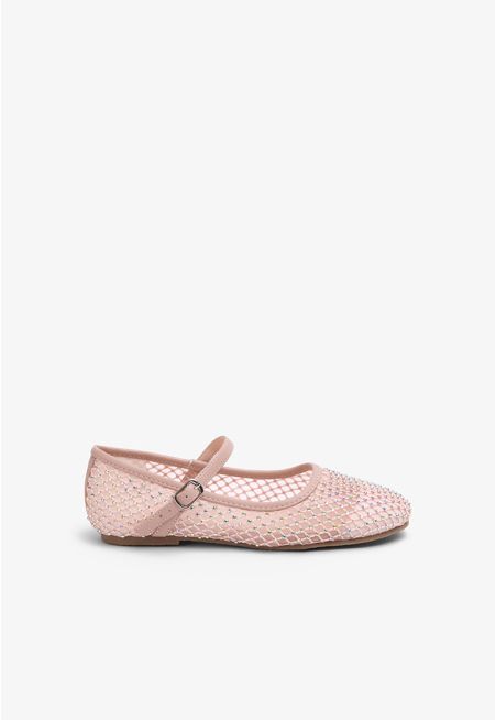 Embellished Mesh Flat Strap Shoes