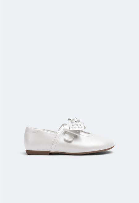 Faux Pearls Bow Flat Strap Shoes