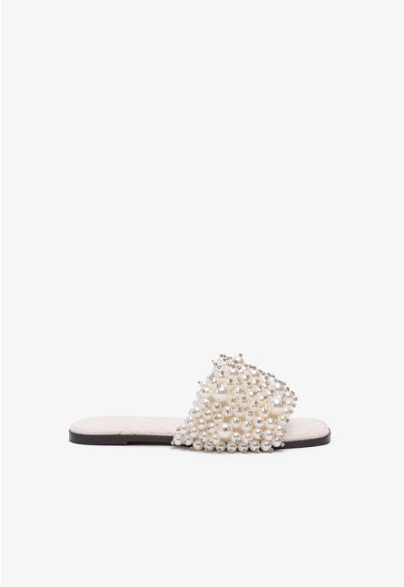 Faux Pearls Wide Strap Flats