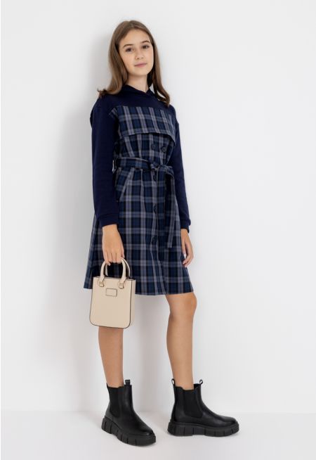 Plaid Belted Hoodie Dress