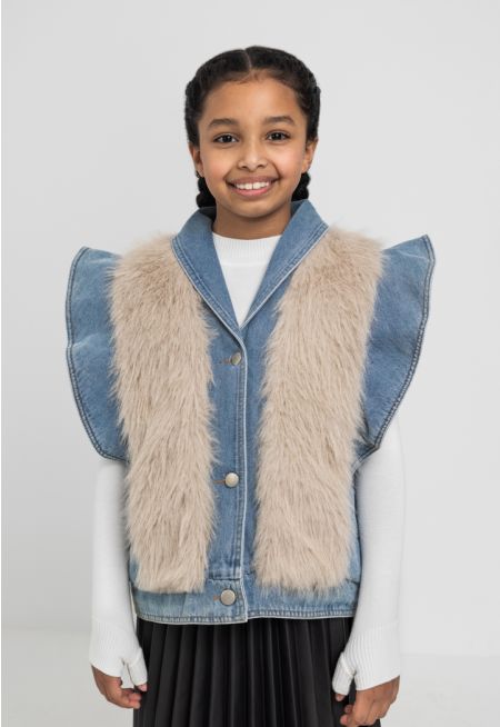 Faux Fur Embellished Denim Vest 