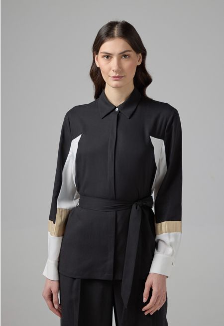 Color Block Relaxed Fit Belted Shirt