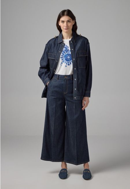 Solid Wide Leg Denim Trousers