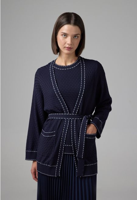 Contrast Knitted Belted Cardigan