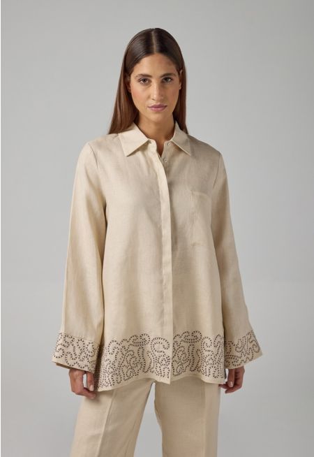Embroidered Contrast Linen Shirt