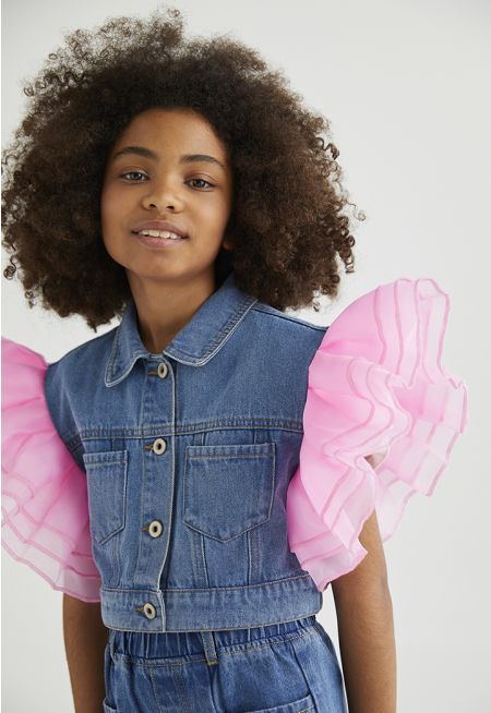 Ruffled Sleeves Denim Jacket