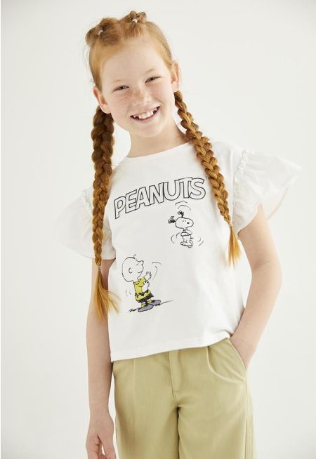 Peanuts Ruffled Sleeves Printed T Shirt