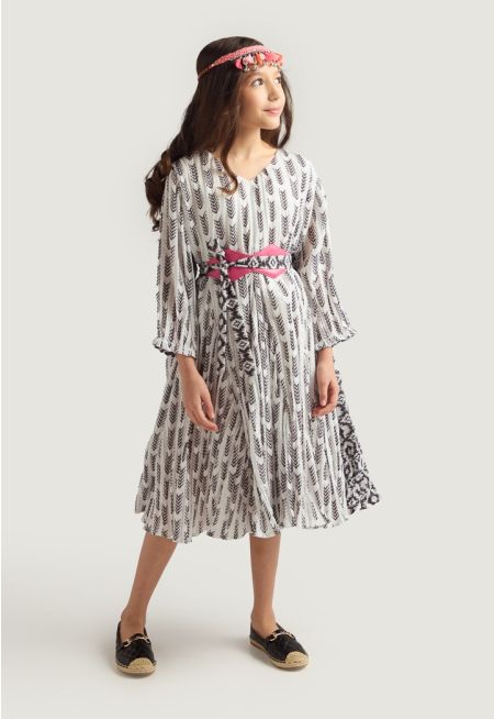Two Toned Printed Pleated Dress