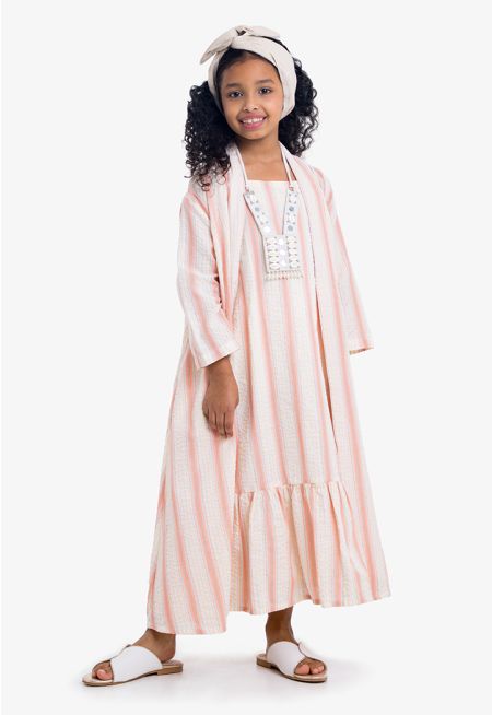Lurex Striped Dress & Abaya Set 