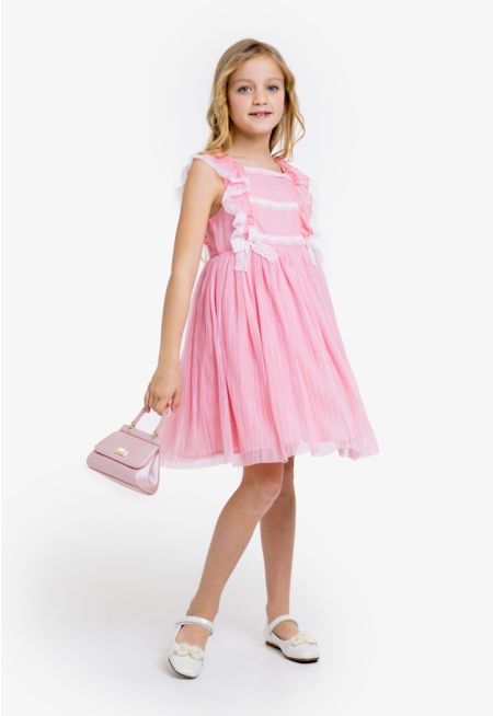 Ruffled Front Mesh Midi Dress