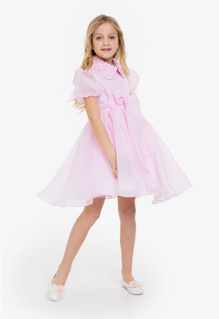 Pleated Belted Organza Dress