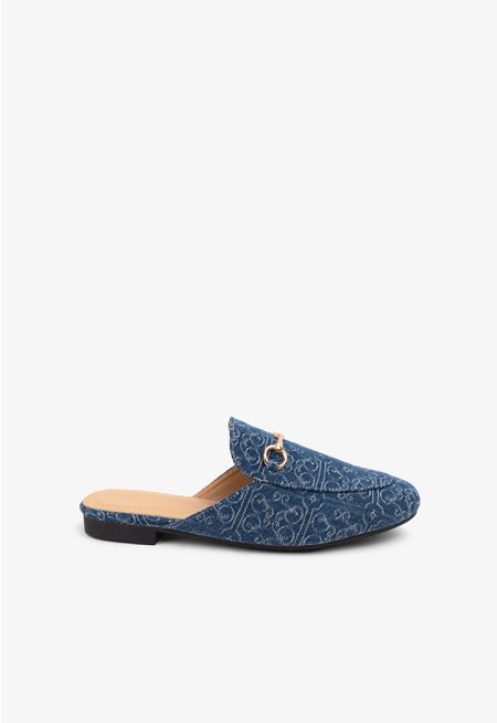 Printed Denim Horse Bit Mules