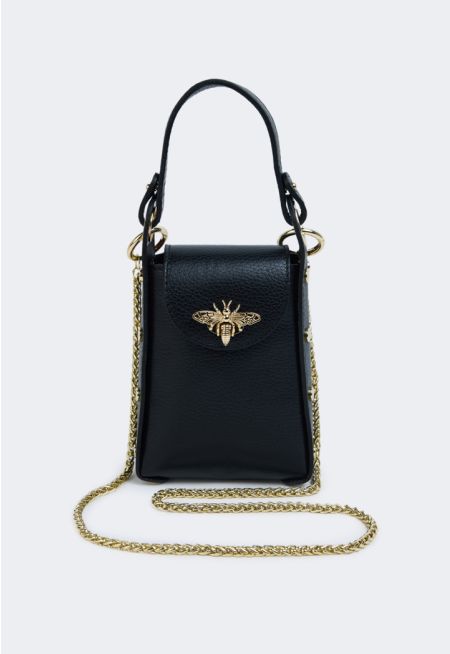 Butterfly Embellished Genuine Leather Crossbody Bag