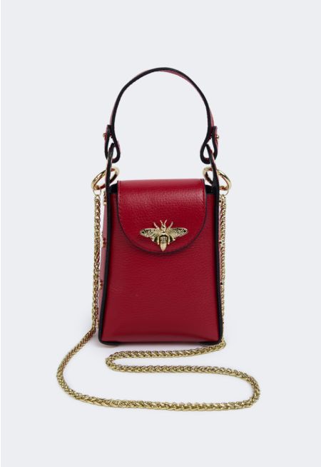 Butterfly Embellished Genuine Leather Crossbody Bag