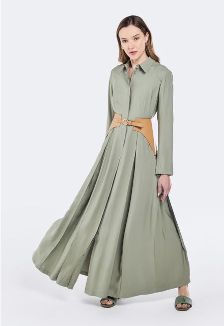 Inverted Pleat Belted Dress