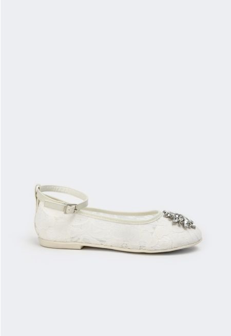 Crystal Embellished Lace Strap Shoes
