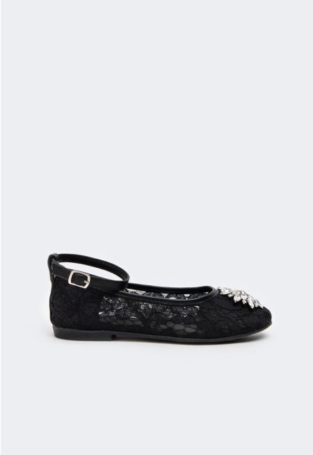 Crystal Embellished Lace Strap Shoes