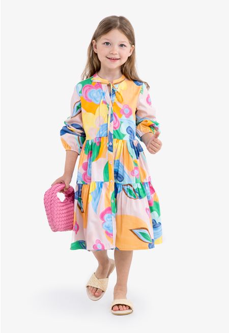 Multicolored Printed Button Dress
