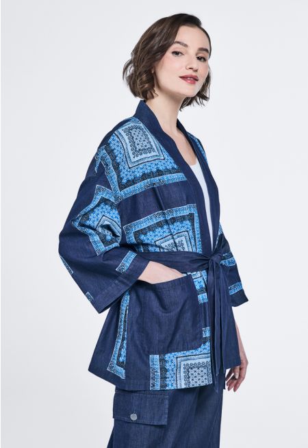 Printed Belted Drop Shoulder kimono