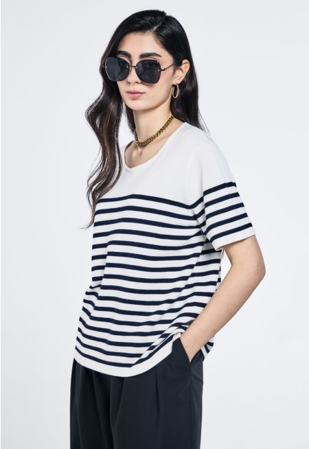 Knitted Striped Short Sleeve Top