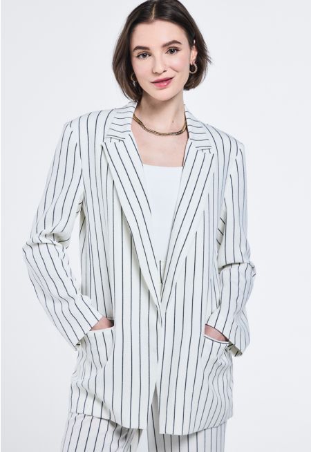 Notched Collar Striped Open Blazer