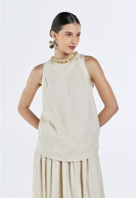 Textured Plisse Beaded Top