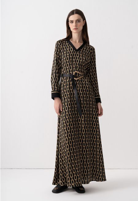 Raglan Sleeves Chain Print Maxi Dress