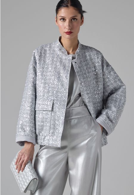 Tweed Sequin Jacket With Front Pockets
