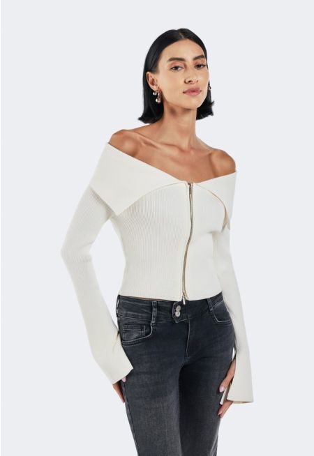 Off-Shoulder Zip-Up Top