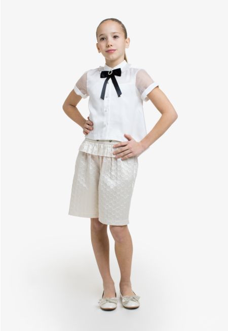 Ribbon Shirt and Embellished Shorts Set