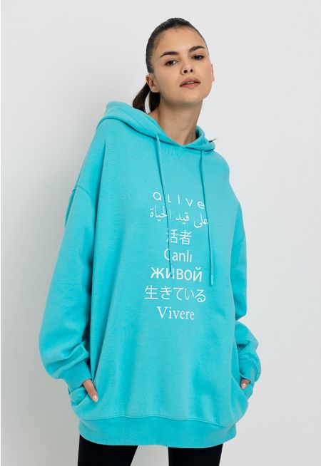 Knitted Rubber Print Drop Shoulder Hoodie